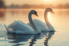 A Pair Of Swans Gliding Across A Serene Lake, Symbolizing Love And Fidelity In The Natural World. Concept Of Graceful Companionship. Generative Ai.