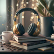 podcast and life style concept. headphones putting on books at table. Ai generated