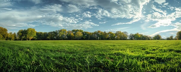 Beautiful nature scene. A panoramic photo of lawn with trees in distance