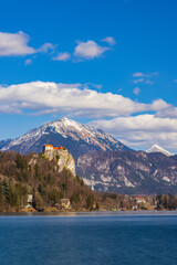 Canvas Print - Bled Castle and Julian Alps in winter