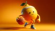 A 3D style cartoon lemon character dressed as a basketball player, dribbling a basketball, against an orange background.