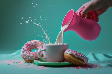 Wall Mural - Food pop art photography. Female hands sticking out pink paper, pouring, spilling milk into cup. Donuts on green tablecloth. Concept of creativity, art. Complementary colors. Copy space for ad, text