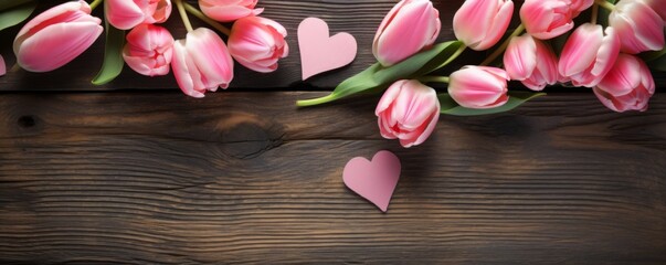 Wall Mural - Heart from Pink Tulips Flowers on rustic table