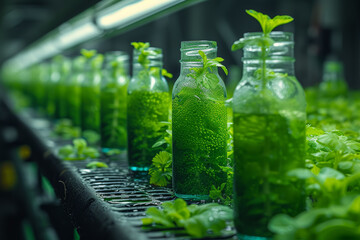 Sticker - Microalgae cultivation for biofuel production, showcasing sustainable solutions in biotechnology. Concept of renewable energy. Generative Ai.