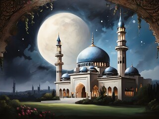 A painting of a mosque with a crescent moon ramadan