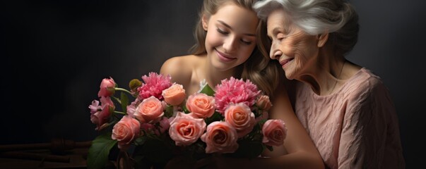 Wall Mural - Senior woman enjoying in daughter's affection on Mother's day.