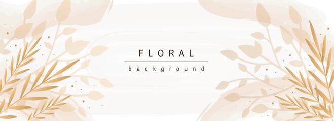 Wall Mural - Floral horizontal web banner. Abstract pastel leaves and plant foliage, twigs and herbs on elegant decorative background. Vector illustration for header website, cover templates in modern design
