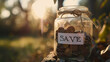 glass jar filled with coins and a label with the word 