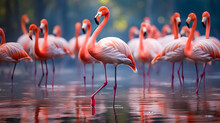 A Group Of Flamingos Are Standing In A Line In The Water,
The Colony Of The Caribbean Flamingo
