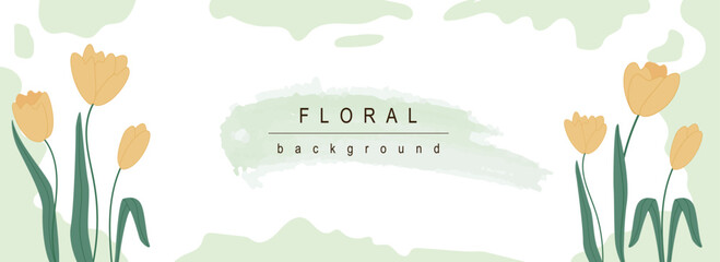 Poster - Floral horizontal web banner. Abstract blooming yellow tulips twigs with green leaves on springtime fresh green background. Vector illustration for header website, cover templates in modern design