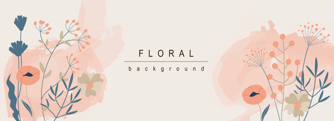 Poster - Floral horizontal web banner. Red poppy and wildflowers bouquets with leaves on abstract background. Summer flowers backdrop. Vector illustration for header website, cover templates in modern design