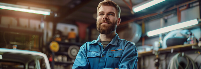 Confident Caucasian male auto mechanic in blue uniform stands with arms crossed in auto repair shop.