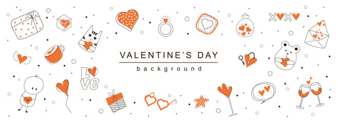 Wall Mural - Valentine Day horizontal web banner. Hearts, gifts, letters, rings, kiss, love and other symbols pattern on white background. Vector illustration for header website, cover templates in modern design