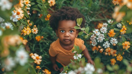 Wall Mural - black toddler in a blooming spring garden