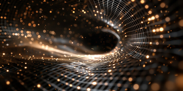 Futuristic shape tunnel grid and particles with depth of field and bokeh.