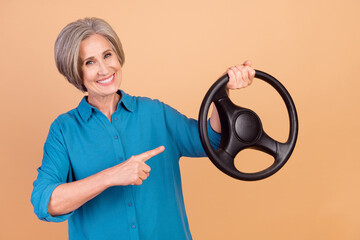 Poster - Photo of optimistic woman dressed blue shirt indicating at steering wheel in arm recommend school isolated on pastel color background