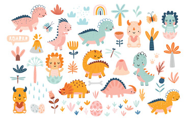 Canvas Print - Cute Dino set with trees, plants, and other elements for your design, childish hand drawn dinosaur elements.