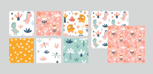 Canvas Print - Set of seamless patterns, Cute Dino theme for your design, childish hand drawn dinosaur elements.
