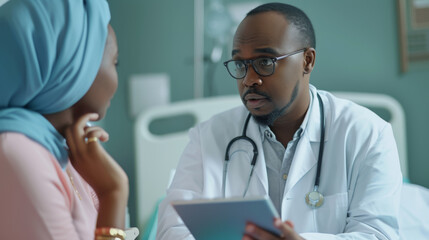 Poster - patient sitting in a hospital bed wearing a headscarf and a dotted hospital gown, accompanied by a doctor who is showing her something on a digital tablet.