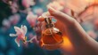 Main d'une femme avec un flacon de parfum dans une ambiance de printemps » IA générative