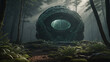 Mysterious metal ball in a green forest