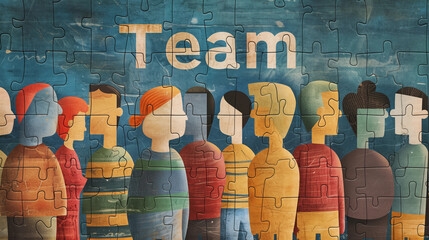 People as a puzzle forming the word team