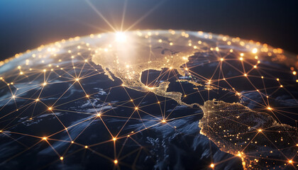 Wall Mural - an abstract concept of global connections network with warm and cold lights