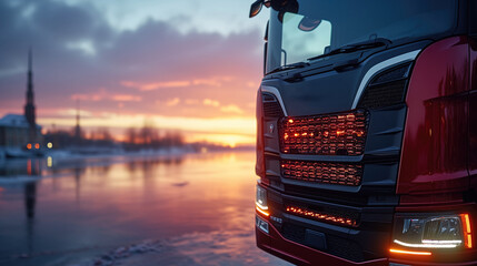 Wall Mural - Manufacturer's Emblem: a close-up of cargo truck the manufacturer's emblem or logo on the cargo truck's grille or tailgate adds a finishing touch, indicating the brand and heritage of the vehicle