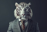 Fototapeta Miasta - Portrait of a white tiger dressed in an elegant suit on a dark background