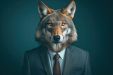 Fototapeta Miasta - Portrait of a wolf dressed in an elegant suit on a dark green background