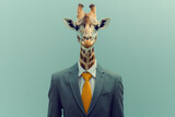 Fototapeta Miasta - Portrait of an elegant giraffe dressed in suit on a green background