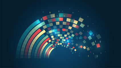 Aufkleber - Large data stream on a dark background, glowing lines and circles. Data set analysis and visualization. Artificial intelligence, business analytics. An array of information in the form of a half disk.