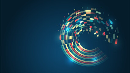 Data set analysis and visualization. Artificial intelligence, business analytics. An array of information in the form of a disk. Large data stream on a dark background, glowing lines and circles.