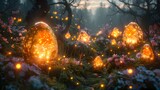 Fantasy Easter garden at twilight, magical and enchanting, digital art, lush vegetation with hidden Easter eggs, glowing light effects, wide angle, with starry sky background 