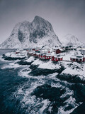 Fototapeta Mapy - Lofoten Islands, Reine, Norway and Hamnoy fishing village with red rorbuer houses in winter nature panorama landscape