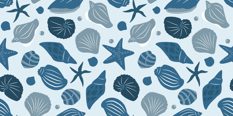Naklejka na meble Seamless pattern with shells of different shapes, starfish, pearls. Marine abstract print. Vector graphics.
