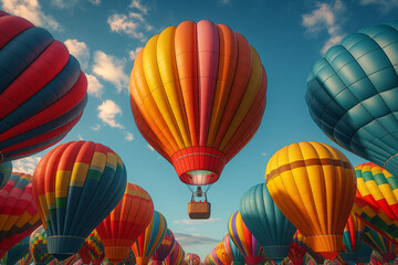 Wall Mural - A colorful hot air balloon festival with balloons on the sides and a clear sky in the center for text. Concept of uplifting adventures. Generative Ai.