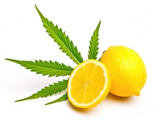 Two lemons and a marijuana leaf on a white surface.