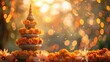 A tiered tower decorated with orange marigold flowers against a backdrop of warm, glowing bokeh lights. Religion and culture. For banners, wallpaper, background, celebration, decor.  With copy space.