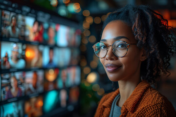 Canvas Print - A diverse group of people participating in a video conference, connecting across continents to collaborate on global sustainability initiatives. Concept of international cooperation. Generative Ai.