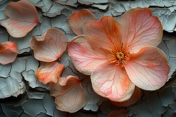 Canvas Print - A macro view of a delicate flower petal juxtaposed with the rugged texture of weathered tree bark. Concept of nature's contrasts. Generative Ai.