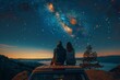 A couple stargazing from the roof of a camper van