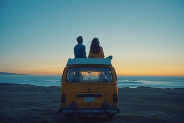 Wall Mural - A couple stargazing from the roof of a camper van