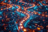 Fototapeta Londyn - Electronic circuit board imitating highway and city lights from above, blue and red technological background.