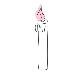 Wall Mural - Wax candle with pink flame. Burning decorative aroma candle. Continuous one line drawing. Line art. Isolated on white backdrop. Design element for print, greeting, postcard, scrapbooking. Colored