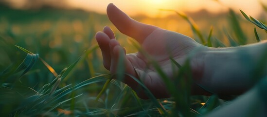 man's hand moving through green field of the grass