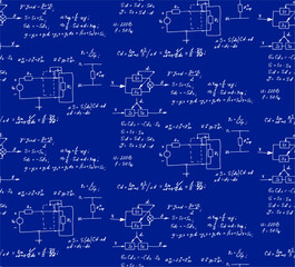 Wall Mural - Physics, electronic engineering, mathematics equation, scheme and calculations, endless hand writing. Vector blueprint. Technology seamless pattern.