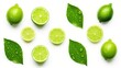 Vibrant Fresh Limes and Lime Slices with Glistening Water Drops on Citrus Leaves