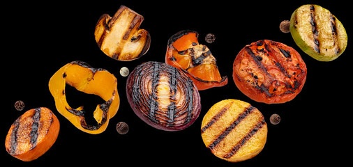 Wall Mural - Grilled vegetable slices on black background