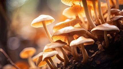 Vibrant Mushrooms Flourishing on a Weathered Tree Stump in Lush Forest Setting